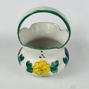 Hand Painted Floral Ceramic Pot Basket with Handle Italy 6 5/8” H x 5 1/4” W